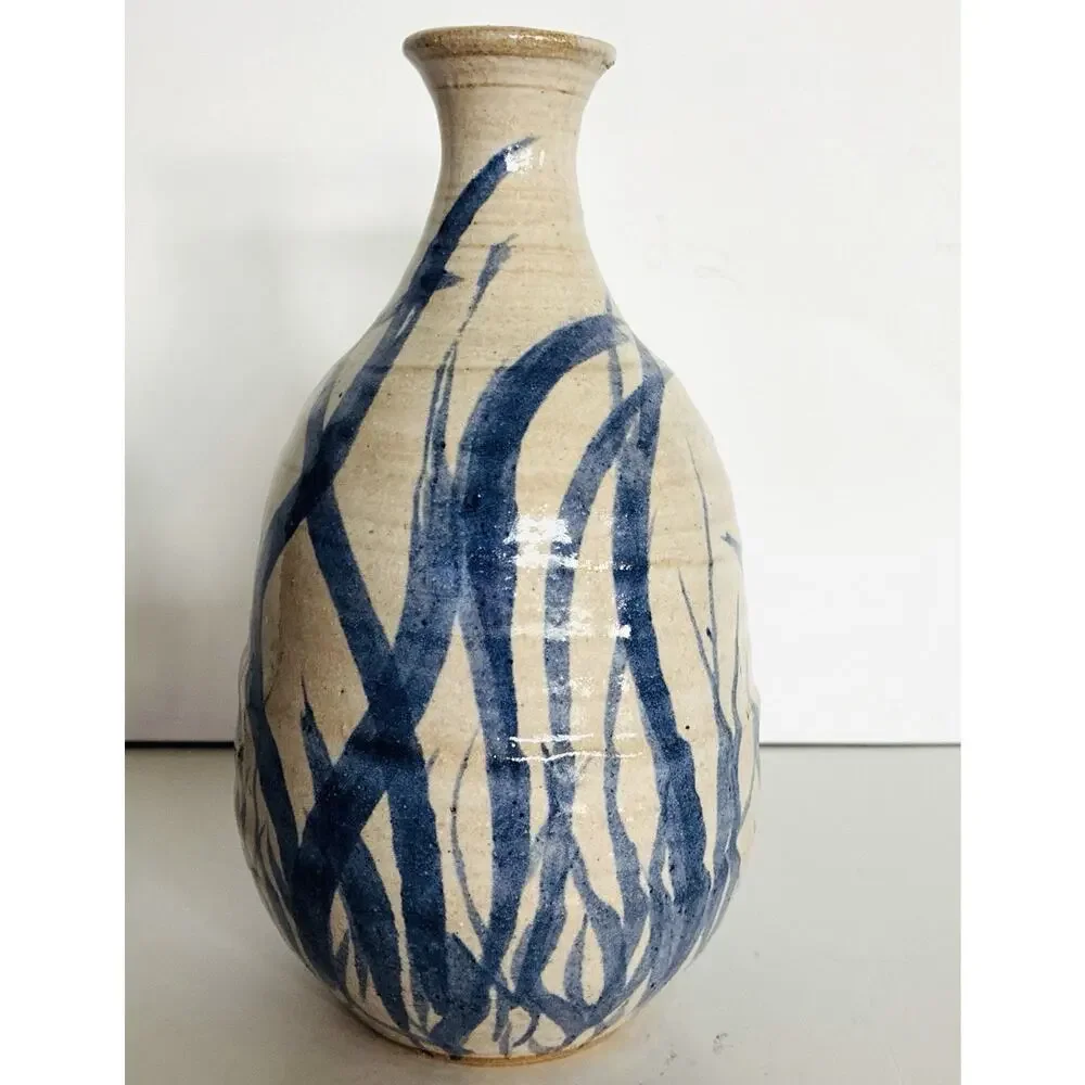 Vintage Blue Bamboo Hand Thrown Round Bottom Slender Neck Signed 1972 Pottery